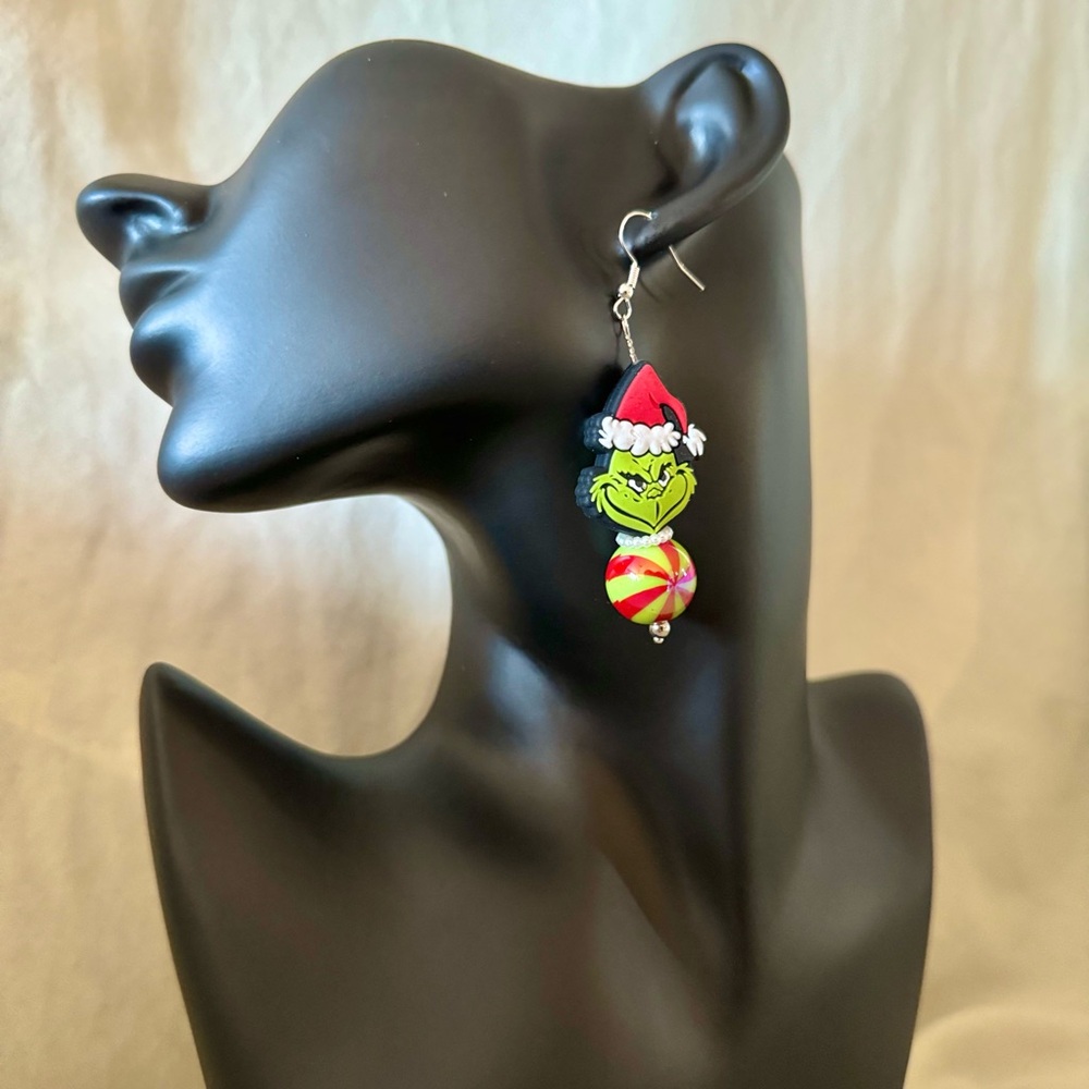 Festive Grinch Earrings with Santa Hat - Picture 3 of 3